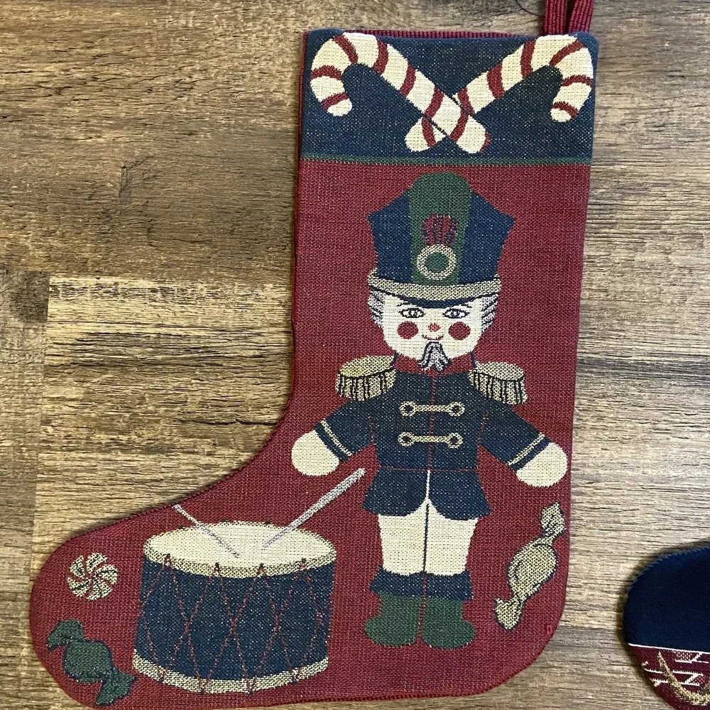 2 Vintage‎ Needlepoint Christmas Stockings Decorations Mantle Decor